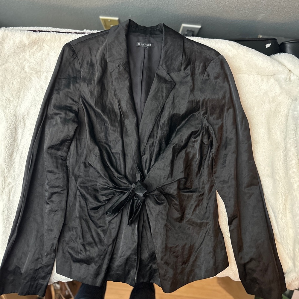 Eileen Fisher steel satin black notch collar tie front jacket